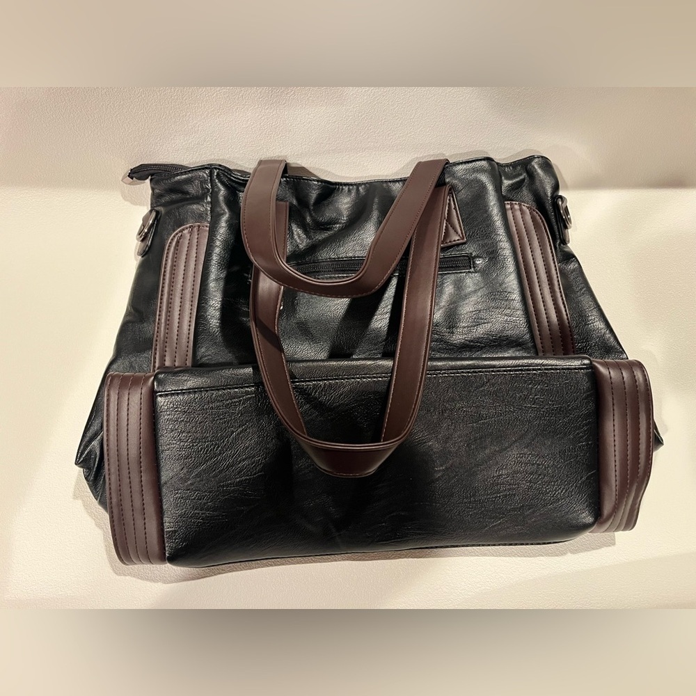 NEW Yaldomt Black/Brown Leather Bag Multi Pocket Zipper Closure - Picture 4 of 8